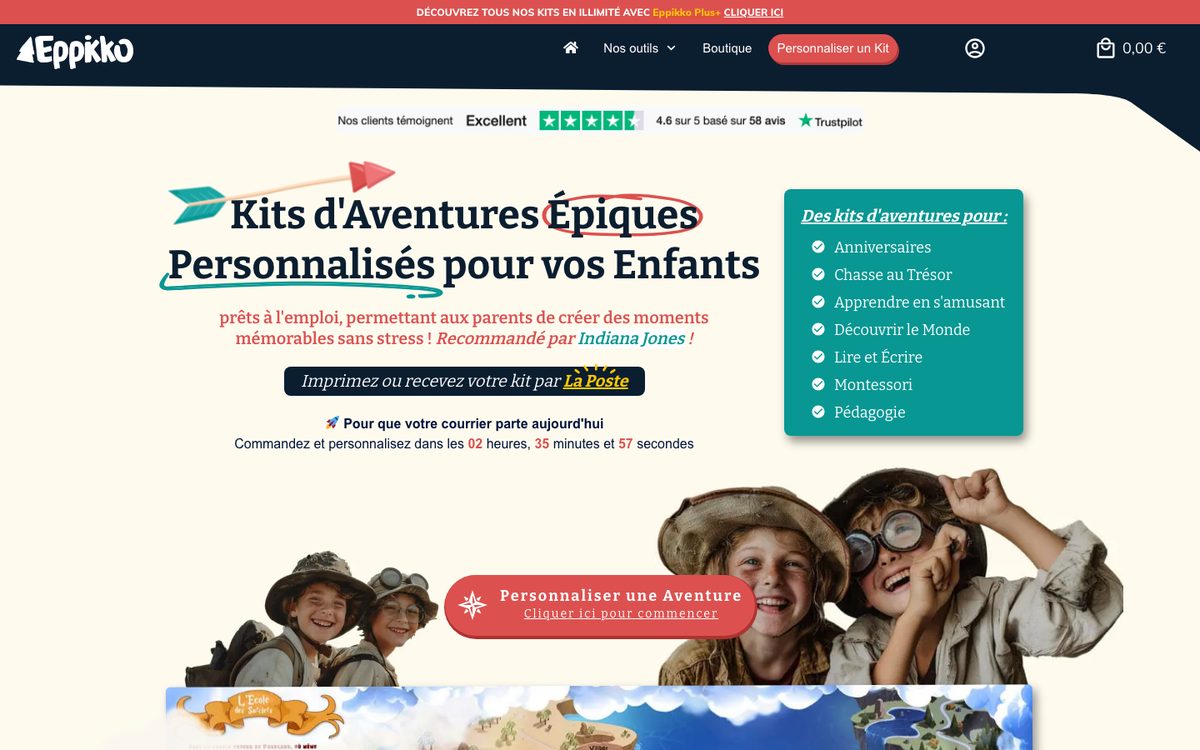 Page d'accueil d'Eppikko : kits d'aventures épiques personnalisés pour enfants