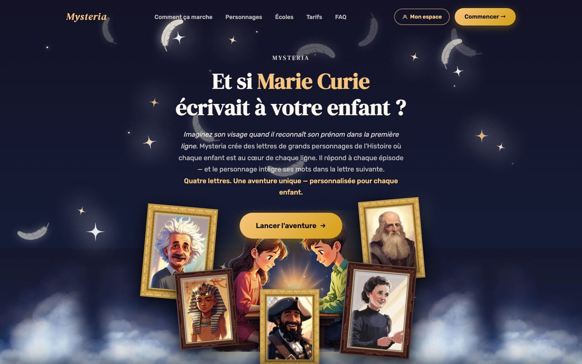 Page d'accueil de Mysteria : « Et si Marie Curie écrivait à votre enfant ? »